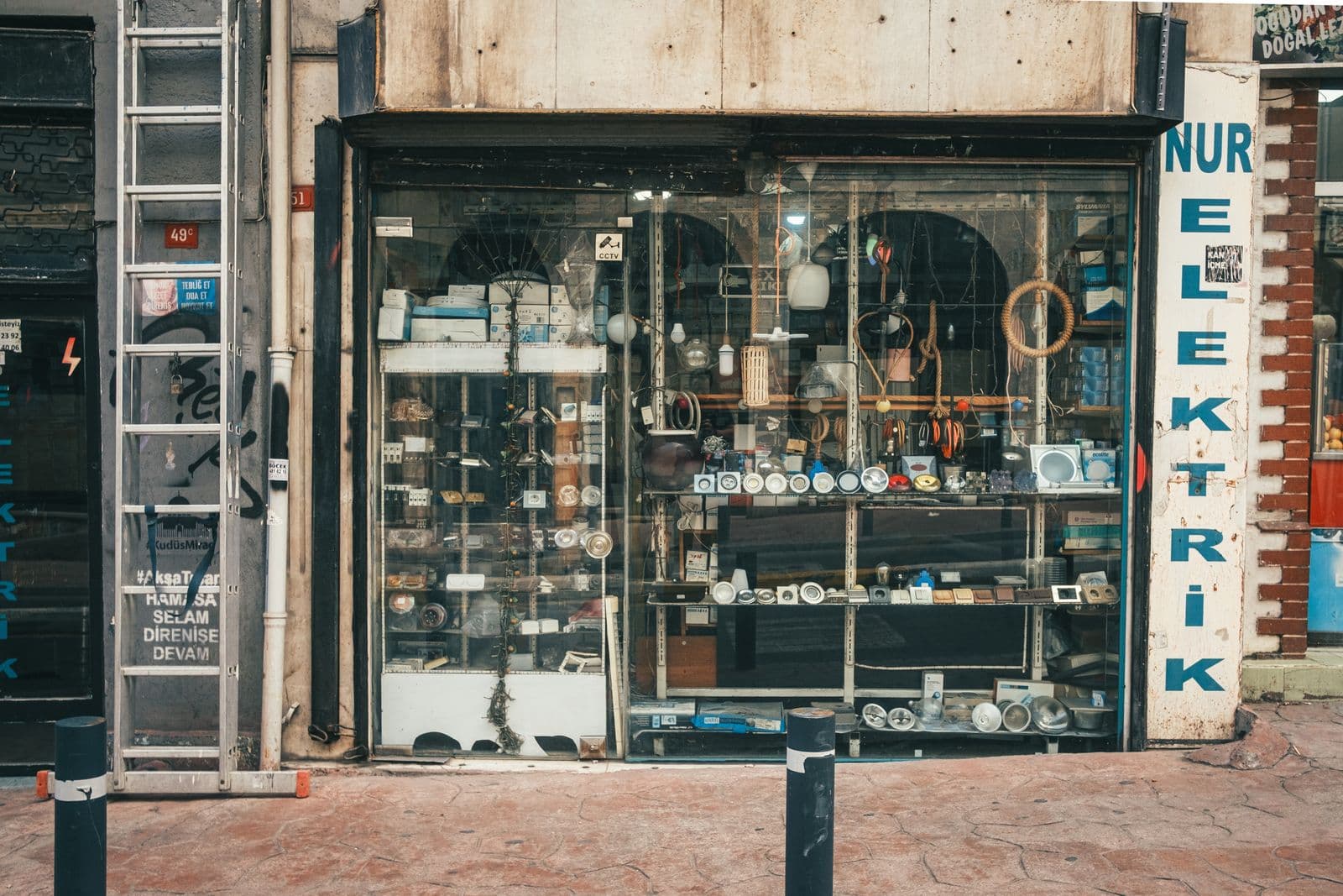 Shelves of gadgets on display in an electronics store